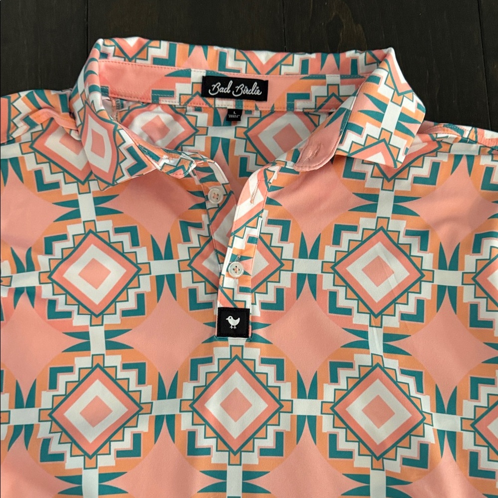 Bad Birdie Men's Polo with Pink and Green Geometric Pattern